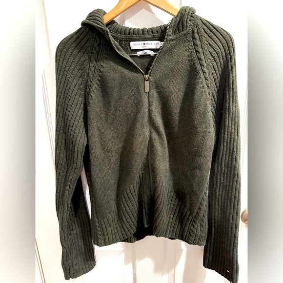 Tommy Hilfiger Green Lambs Wool Cotton Cardigan Sweater Ribbed Knit🍁 Fishernan - Picture 1 of 5